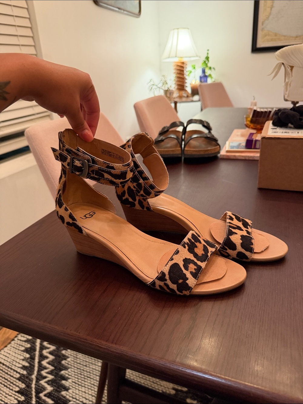 UGG Char Leopard Print Ankle-Strap Wedge Sandals - Black/Tan Leopard